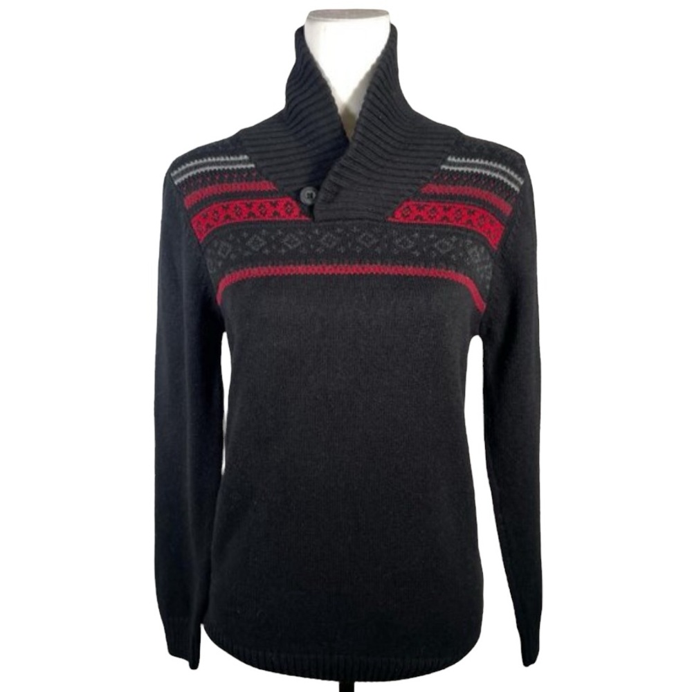 Silverlake Black Red Striped Shawl Neck Tight Knit Long Sleeve Sweater L